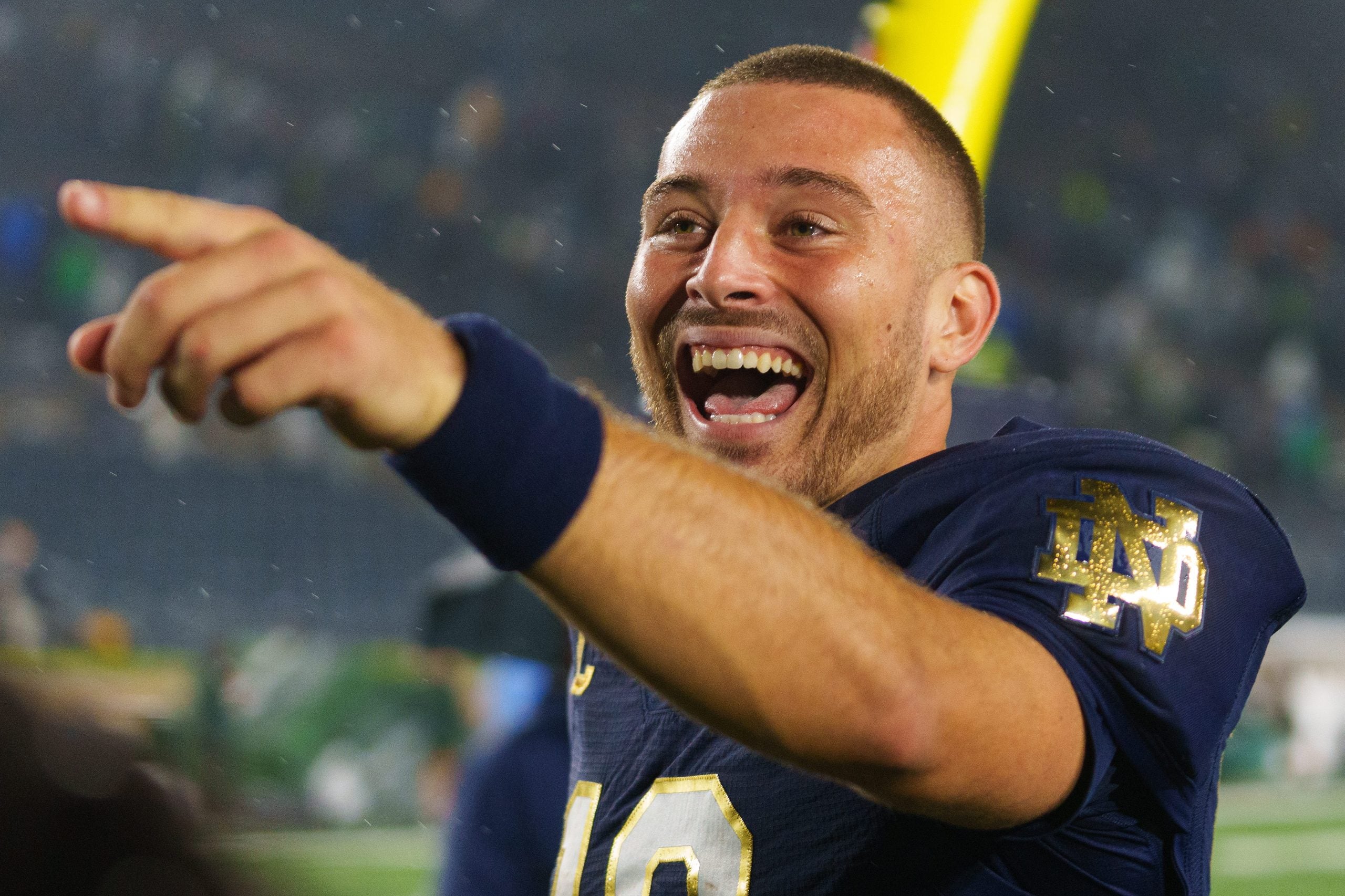 Notre Dame quarterback CJ Carr runs off the field after winning a NCAA football game 27-10 against Michigan State at Notre Dame Stadium on Saturday, Sept. 19, 2026, in South Bend.