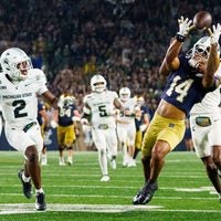 Notre Dame wide receiver Micah Gilbert (14) catches a pass during a NCAA football game against Michigan State at Notre Dame Stadium on Saturday, Sept. 19, 2026, in South Bend.