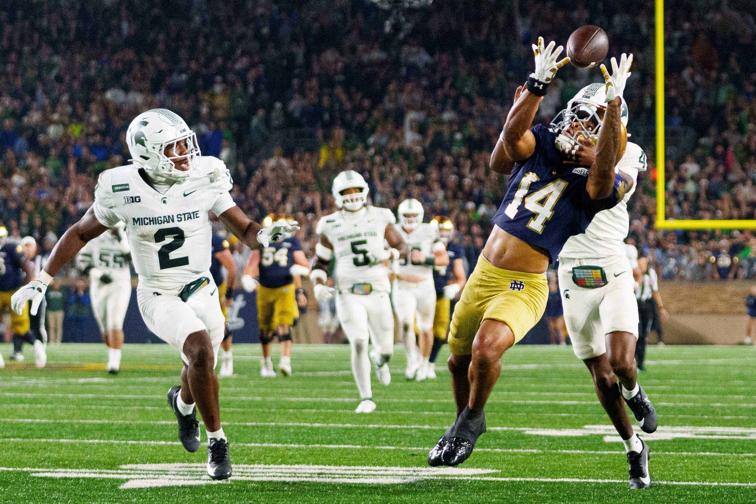 Notre Dame wide receiver Micah Gilbert (14) catches a pass during a NCAA football game against Michigan State at Notre Dame Stadium on Saturday, Sept. 19, 2026, in South Bend.
