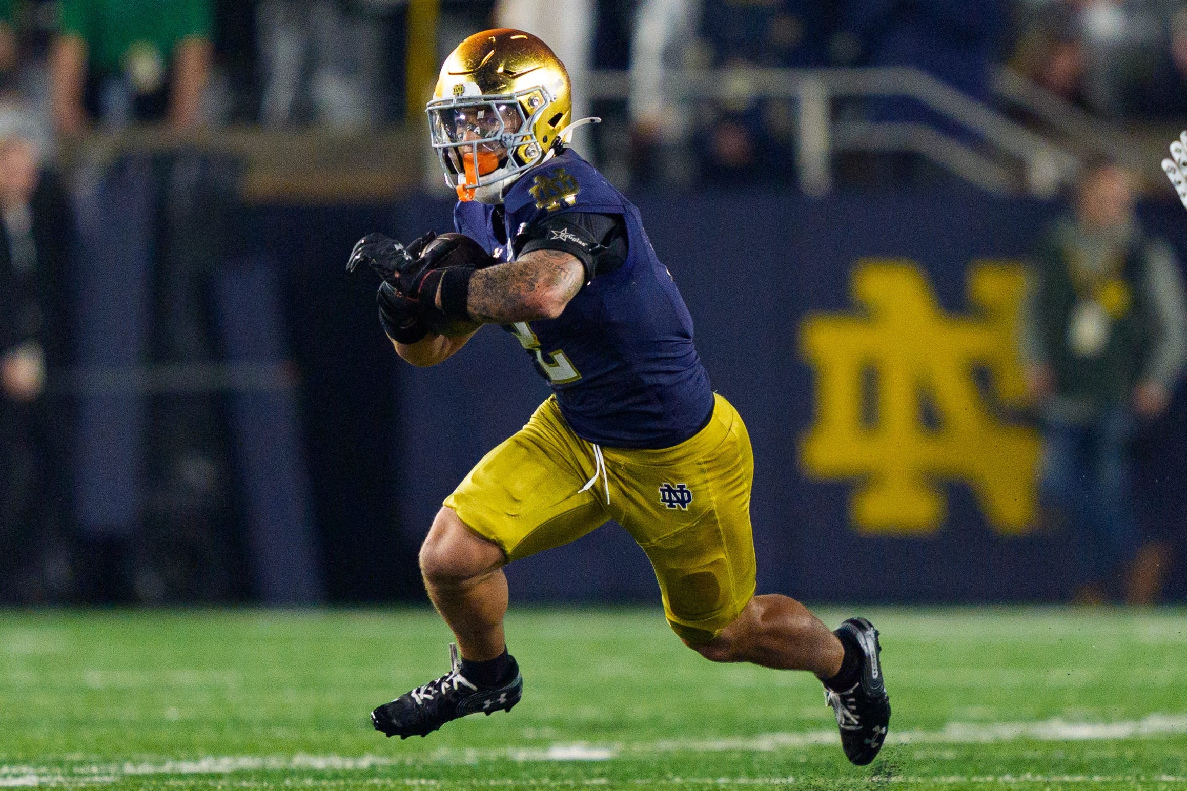 Notre Dame running back Nolan James Jr. (2) rushes the ball during a NCAA football game against Michigan State at Notre Dame Stadium on Saturday, Sept. 19, 2026, in South Bend.