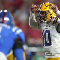 Sep 19, 2026; Oxford, Mississippi, USA; Louisiana State Tigers quarterback Sam Leavitt (10) calls a play at the line of scrimmage against the Mississippi Rebels during the third quarter at Vaught-Hemingway Stadium.