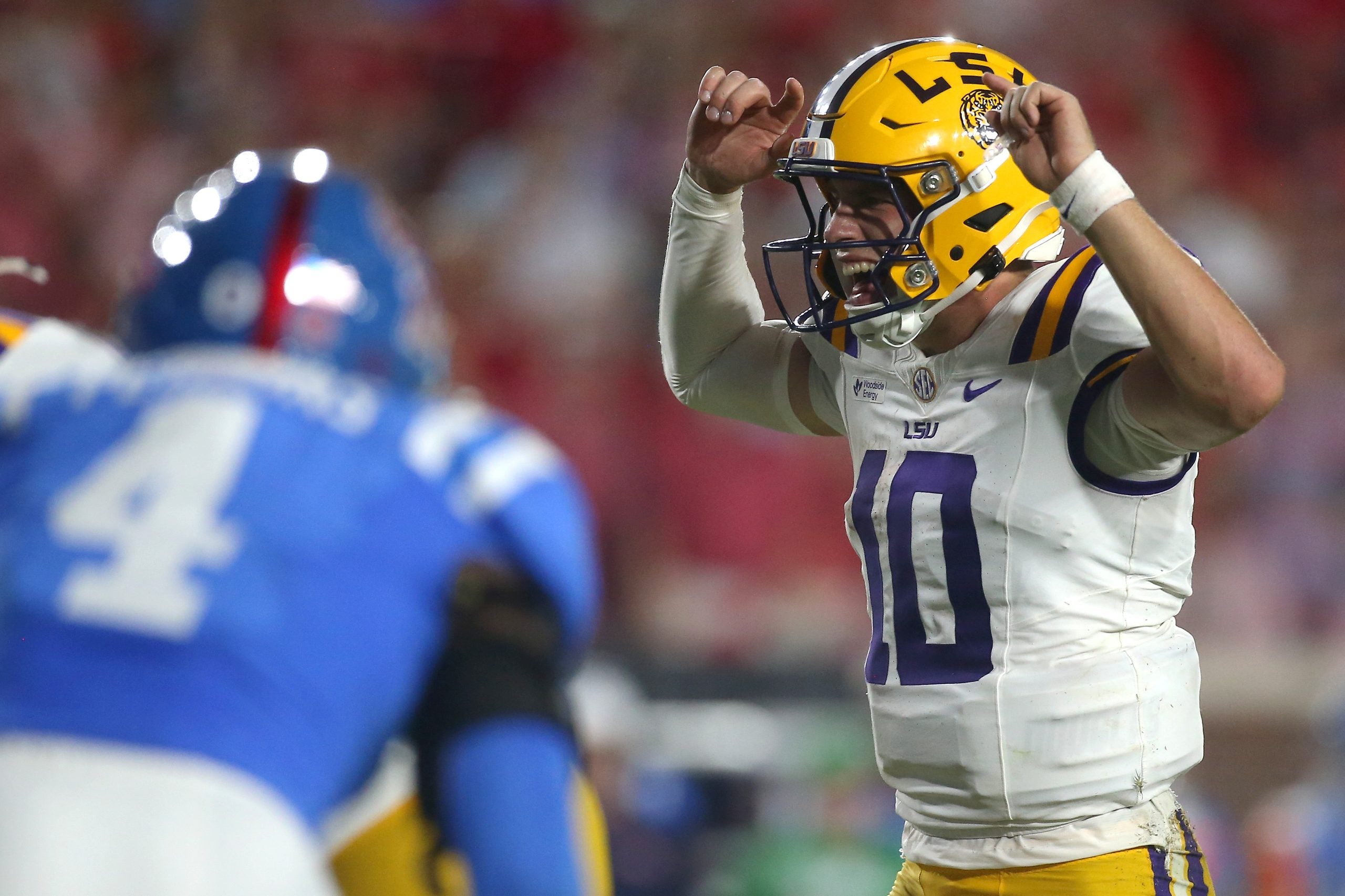 Sep 19, 2026; Oxford, Mississippi, USA; Louisiana State Tigers quarterback Sam Leavitt (10) calls a play at the line of scrimmage against the Mississippi Rebels during the third quarter at Vaught-Hemingway Stadium.