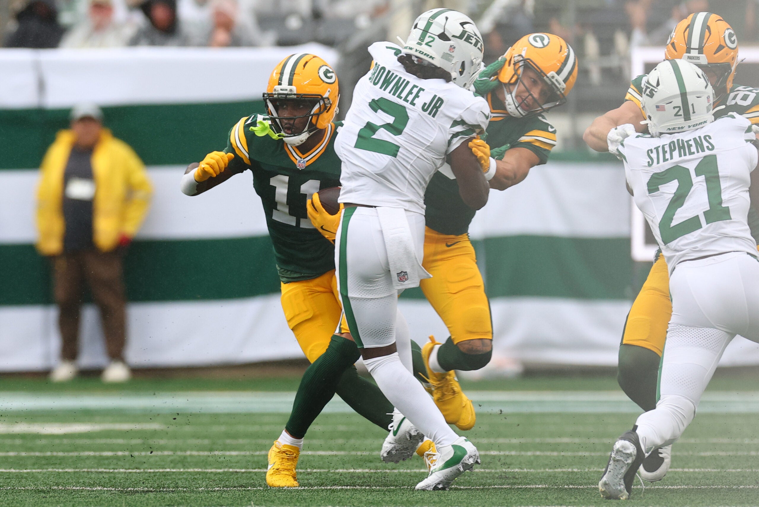 Sep 20, 2026; East Rutherford, New Jersey, USA; Green Bay Packers wide receiver Jayden Reed (11) carries the ball during the first quarter against the New York Jets at MetLife Stadium.