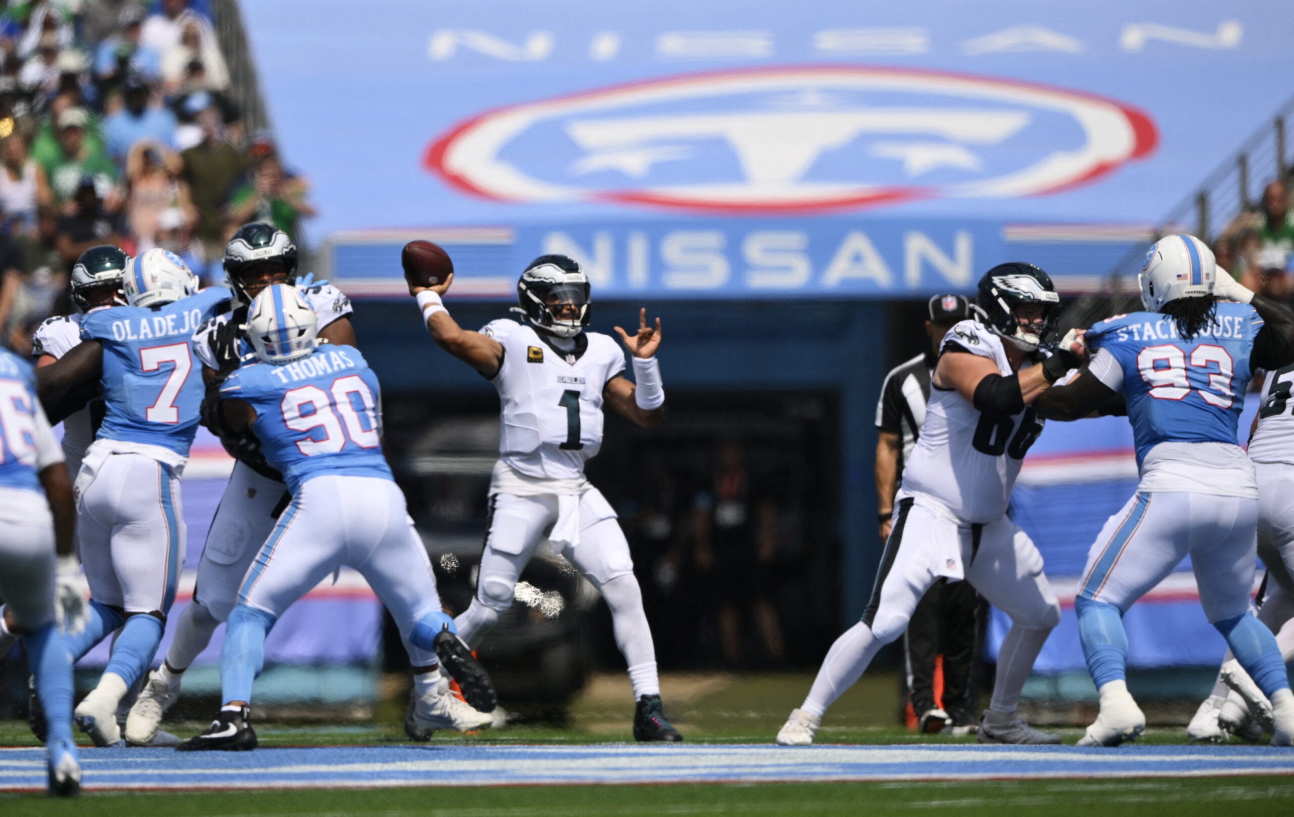 Sep 20, 2026; Nashville, Tennessee, USA; Philadelphia Eagles quarterback Jalen Hurts (1) throws the ball during the first quarter at Nissan Stadium.