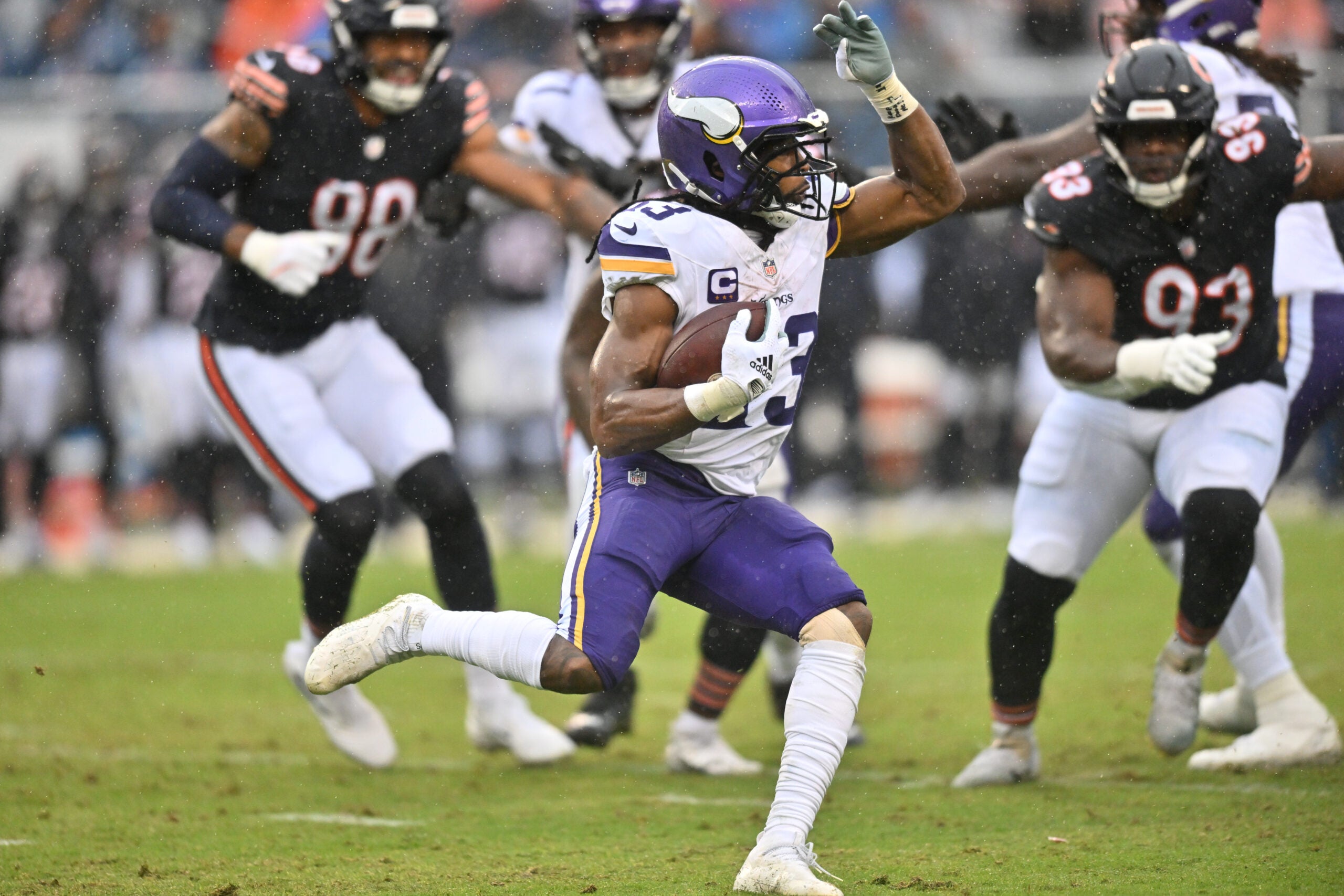 Sep 20, 2026; Chicago, Illinois, USA; Minnesota Vikings wide receiver Tai Felton (13) runs with the ball against the Chicago Bears during the first half at Soldier Field.