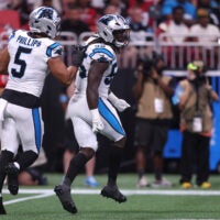 Sep 20, 2026; Atlanta, Georgia, USA; Carolina Panthers linebacker Devin Lloyd (55) celebrates a sack during the second quarter against the Atlanta Falcons at Mercedes-Benz Stadium.