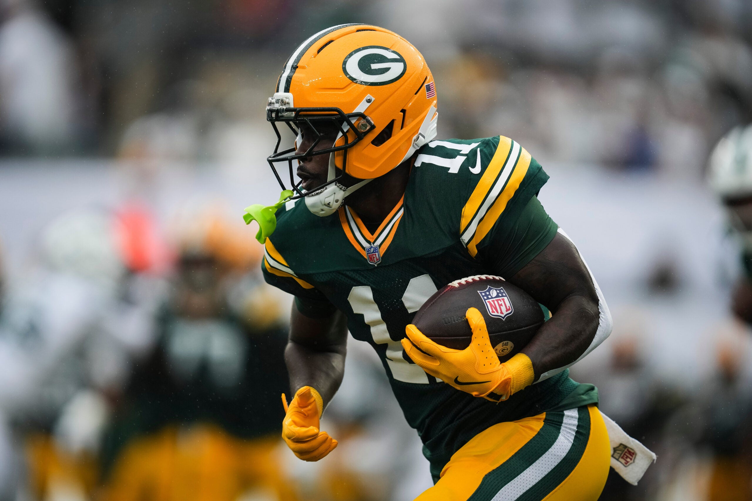 Green Bay Packers wide receiver Jayden Reed (11) runs with the ball during a game against the New York Jets at MetLife Stadium, Sep 20, 2026, East Rutherford, NJ, USA.