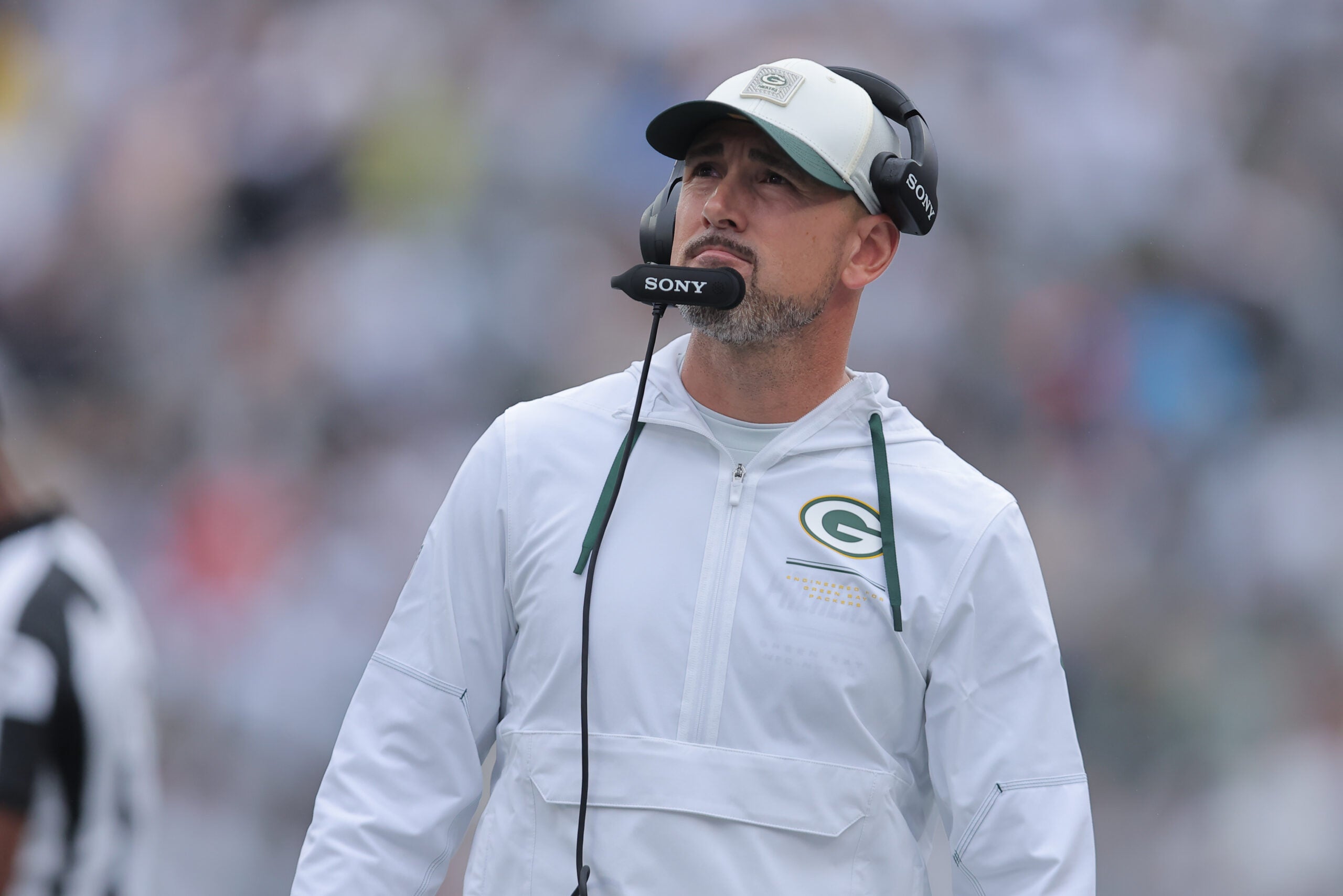 Sep 20, 2026; East Rutherford, New Jersey, USA; Green Bay Packers head coach Matt LaFleur on the sidelines during the fourth quarter against the New York Jets at MetLife Stadium.
