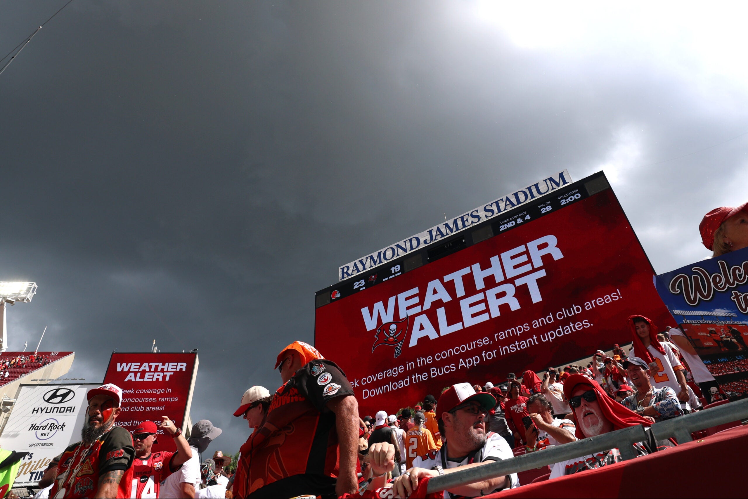 The Buccaneers and Browns game is currently in a weather delay.