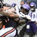 Sep 20, 2026; Chicago, Illinois, USA; Minnesota Vikings linebacker Dallas Turner (15) sacks Chicago Bears quarterback Tyson Bagent (17) to end the game in the second half at Soldier Field.