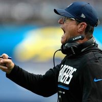 Sep 20, 2026; Inglewood, California, USA; Los Angeles Chargers head coach Jim Harbaugh reacts after a play against the Las Vegas Raiders during the first half at SoFi Stadium.