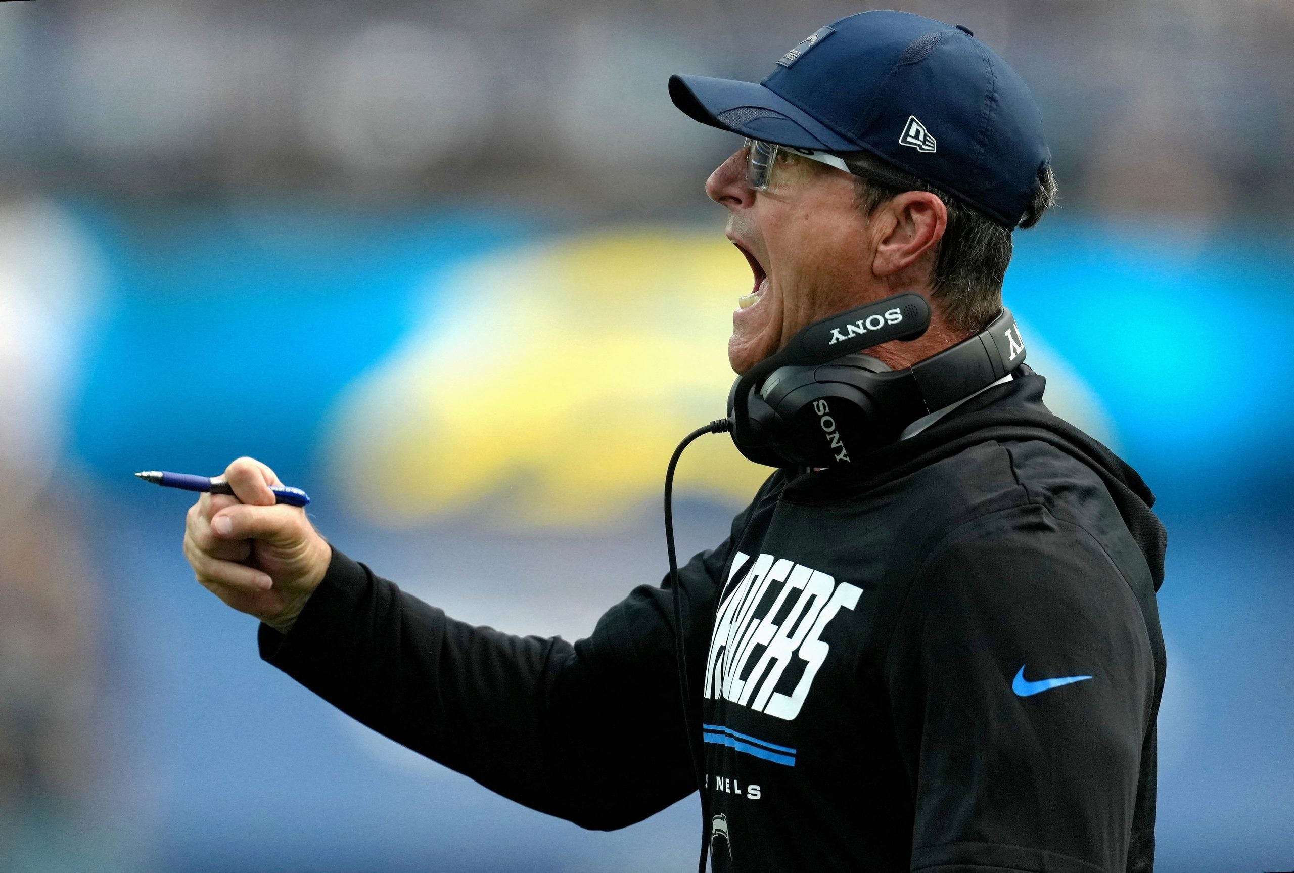 Sep 20, 2026; Inglewood, California, USA; Los Angeles Chargers head coach Jim Harbaugh reacts after a play against the Las Vegas Raiders during the first half at SoFi Stadium.