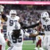 Sep 20, 2026; Arlington, Texas, USA; Dallas Cowboys linebackers Jaishawn Barham (55) and Donovan Ezeiruaku (6) celebrate with defensive tackle Kenny Clark (97) and cornerback DaRon Bland (26) after a defensive play against the Washington Commanders during the first half at AT&T Stadium.