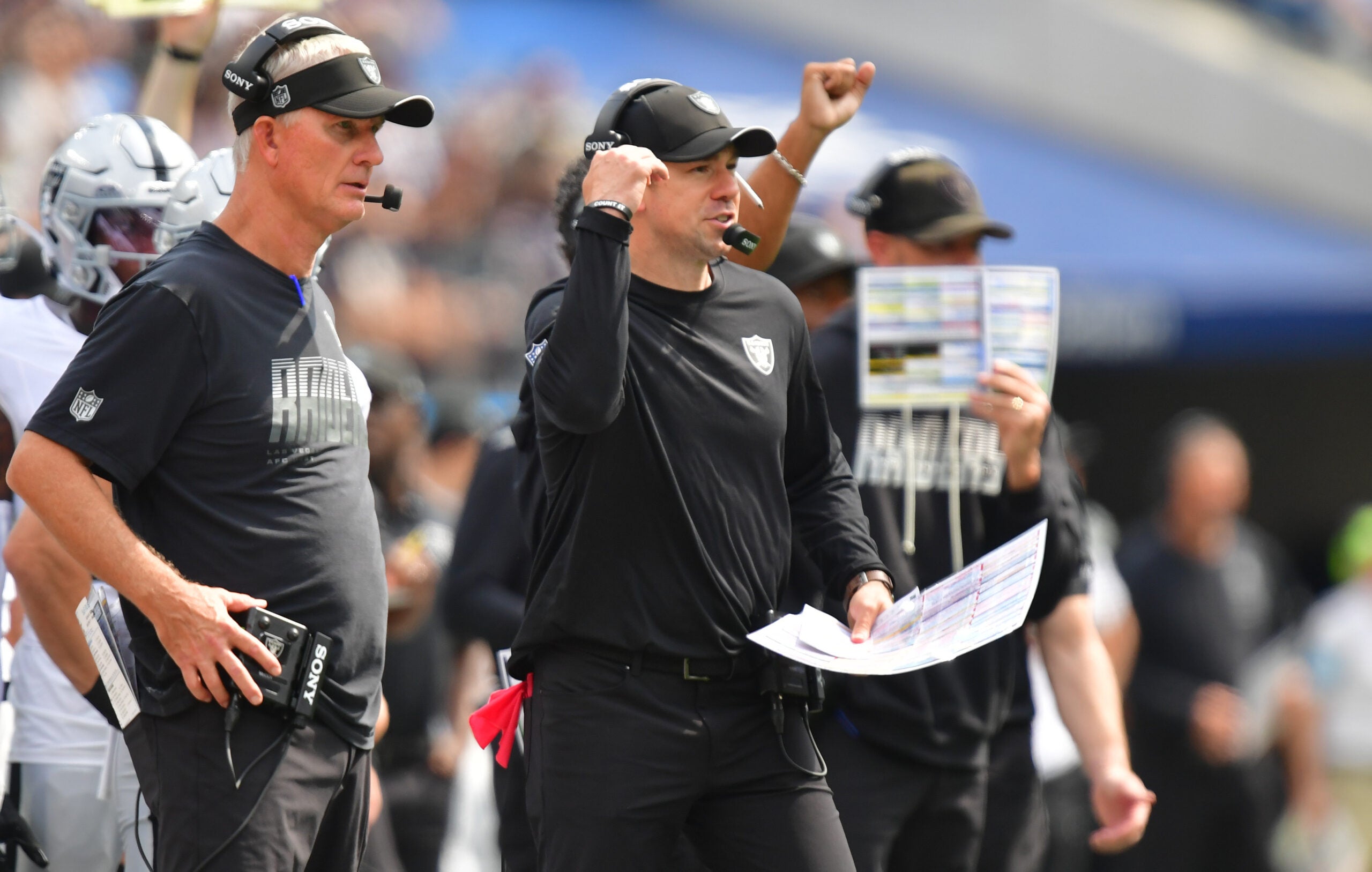 Las Vegas Raiders head coach Klint Kubiak wide receiver Cody White Los Angeles Chargers