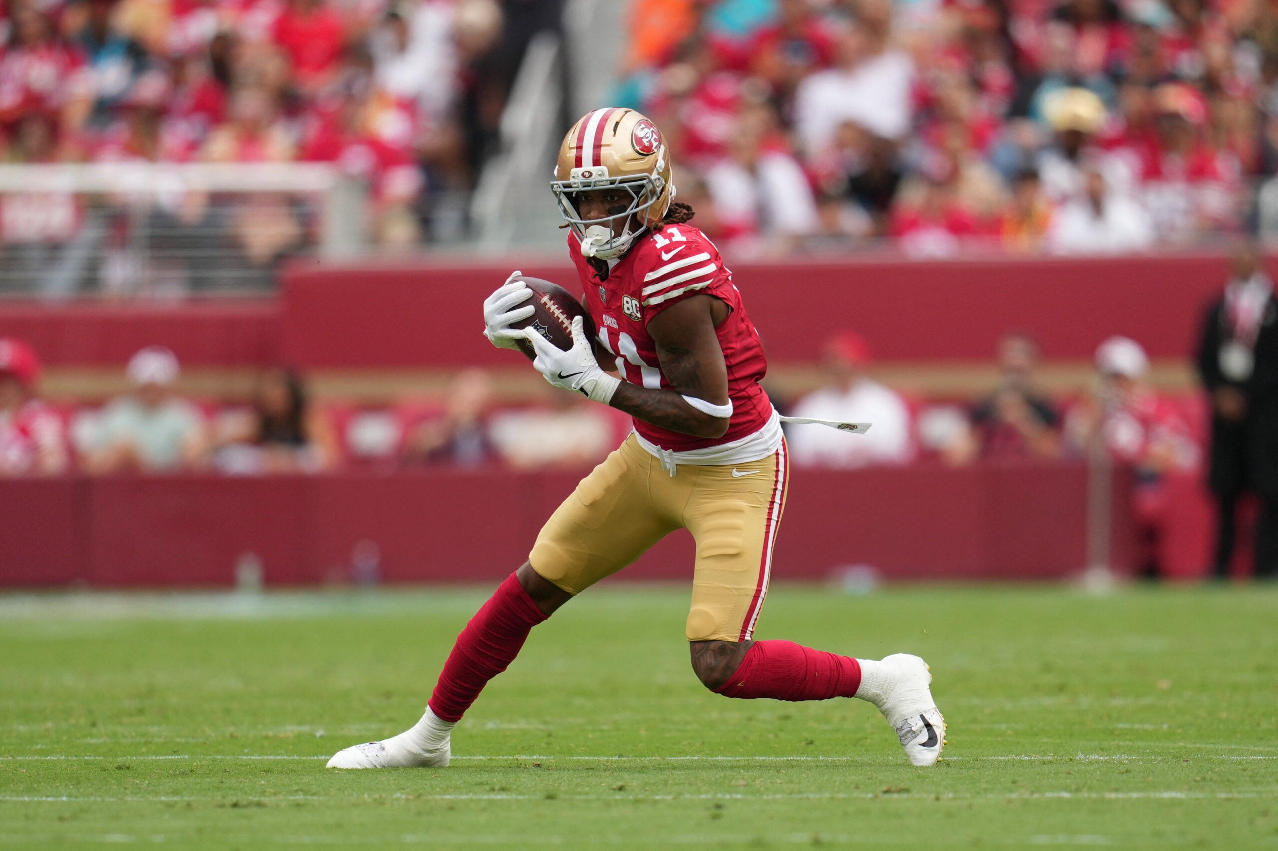 San Francisco 49ers receiver Demarcus Robinson left today's game against the Dolphins with an ankle injury.