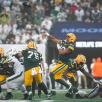 Green Bay Packers quarterback Jordan Love (10) throws the ball as the New York Jets defend during a game at MetLife Stadium, Sep 20, 2026, East Rutherford, NJ, USA.