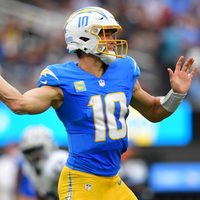 Sep 20, 2026; Inglewood, California, USA; Los Angeles Chargers quarterback Justin Herbert (10) throws a pass against the Las Vegas Raiders during the first half at SoFi Stadium.
