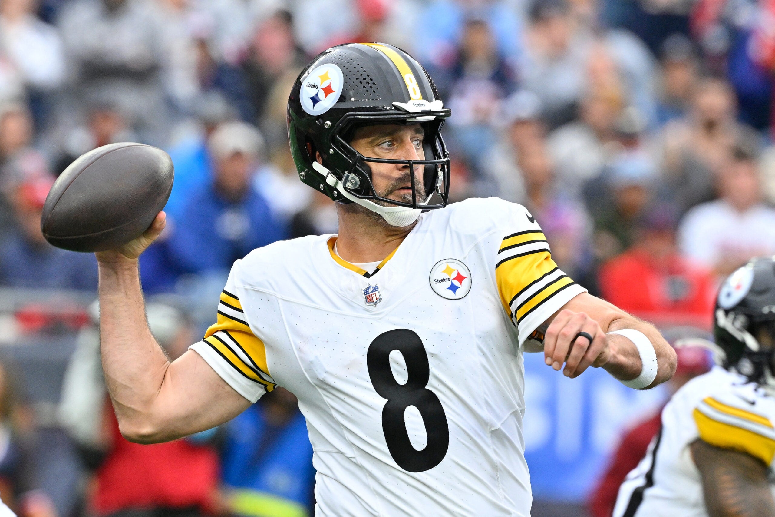 September 20, 2026; Foxborough, Massachusetts, USA; Pittsburgh Steelers quarterback Aaron Rodgers (8) throws a pass during the second half against the New England Patriots at Gillette Stadium.