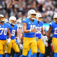 Sep 20, 2026; Inglewood, California, USA; Los Angeles Chargers quarterback Justin Herbert (10) reacts after a play against the Las Vegas Raiders during the second half at SoFi Stadium.