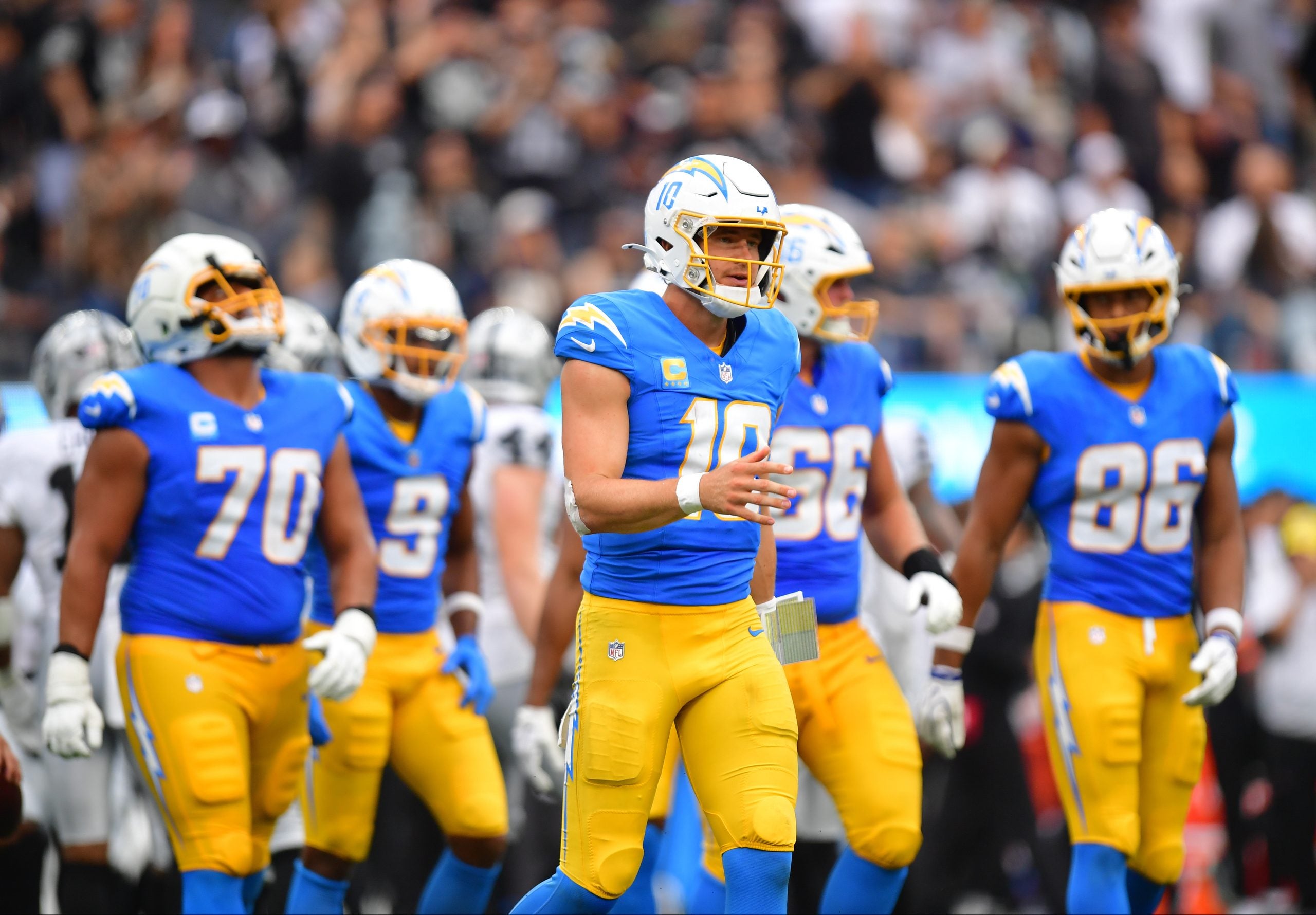 Sep 20, 2026; Inglewood, California, USA; Los Angeles Chargers quarterback Justin Herbert (10) reacts after a play against the Las Vegas Raiders during the second half at SoFi Stadium.