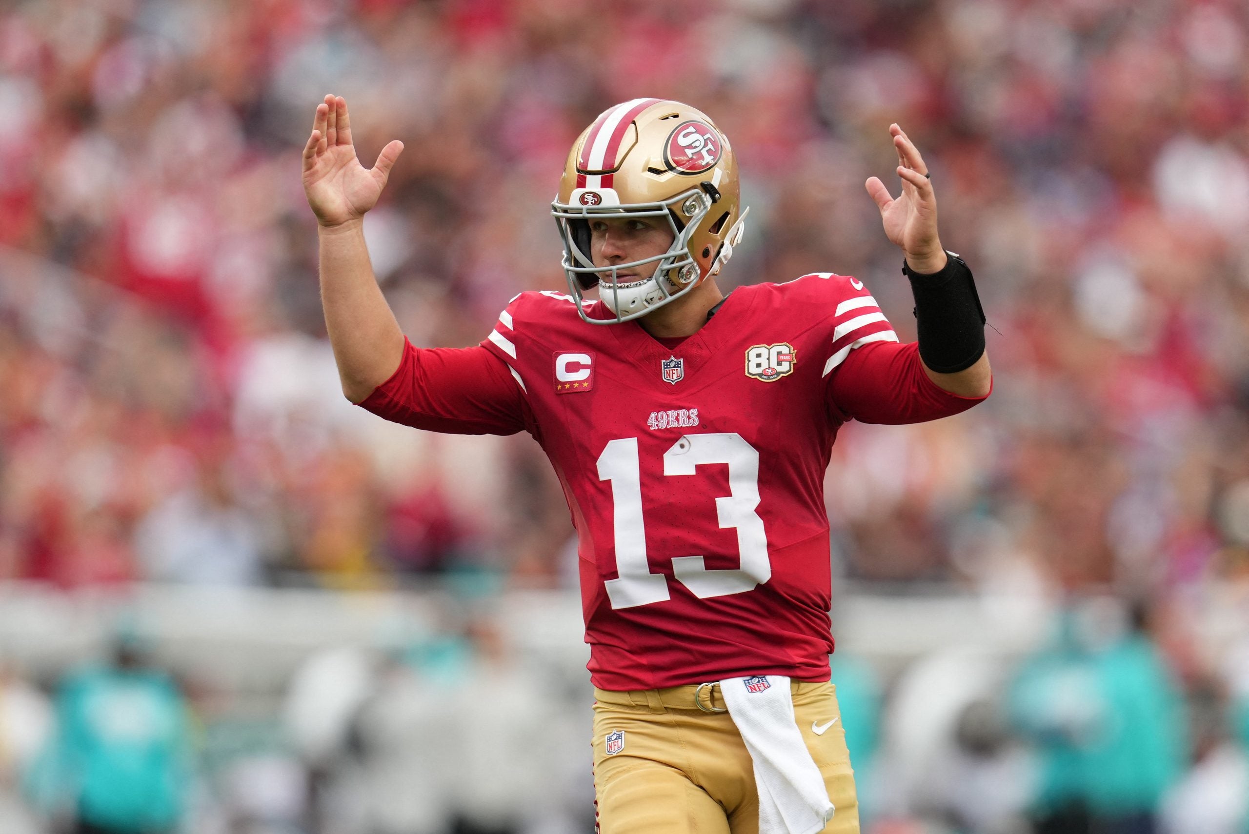 Sep 20, 2026; Santa Clara, California, USA; San Francisco 49ers quarterback Brock Purdy (13) reacts during the second half against the Miami Dolphins at Levi's Stadium.