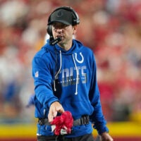 Sep 20, 2026; Kansas City, Missouri, USA; Indianapolis Colts head coach Shane Steichen throws his challenge flag during the fourth quarter against the Kansas City Chiefs at GEHA Field at Arrowhead Stadium.