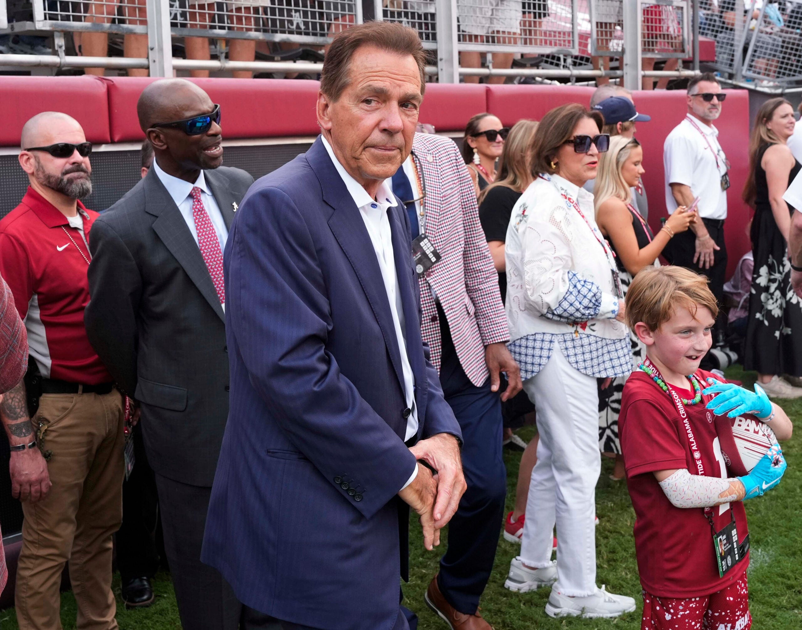 Sep 19, 2026; Tuscaloosa, AL, USA; Former head coach Nick Saban and his wife Terry Saban were at the Florida State game to honor teachers through their Nicks Kids Foundation at Saban Field at Bryant-Denny Stadium.