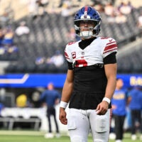 Sep 21, 2026; Inglewood, California, USA; New York Giants quarterback Jaxson Dart (6) warms up before a game agaimst the Los Angeles Rams at SoFi Stadium.