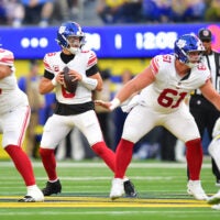 Sep 21, 2026; Inglewood, California, USA; New York Giants quarterback Jaxson Dart (6) drops to throw during the first quarter against the Los Angeles Rams at SoFi Stadium.