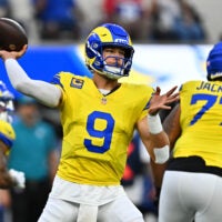 Sep 21, 2026; Inglewood, California, USA; Los Angeles Rams quarterback Matthew Stafford (9) throws during the first quarter against the New York Giants at SoFi Stadium.