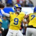 Sep 21, 2026; Inglewood, California, USA; Los Angeles Rams quarterback Matthew Stafford (9) throws during the first quarter against the New York Giants at SoFi Stadium.