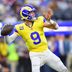 Sep 21, 2026; Inglewood, California, USA; Los Angeles Rams quarterback Matthew Stafford (9) throws during the second quarter against the New York Giants at SoFi Stadium.