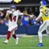 Sep 21, 2026; Inglewood, California, USA; New York Giants running back Cam Skattebo (44) runs against Los Angeles Rams safety Quentin Lake (37) during the second quarter at SoFi Stadium.