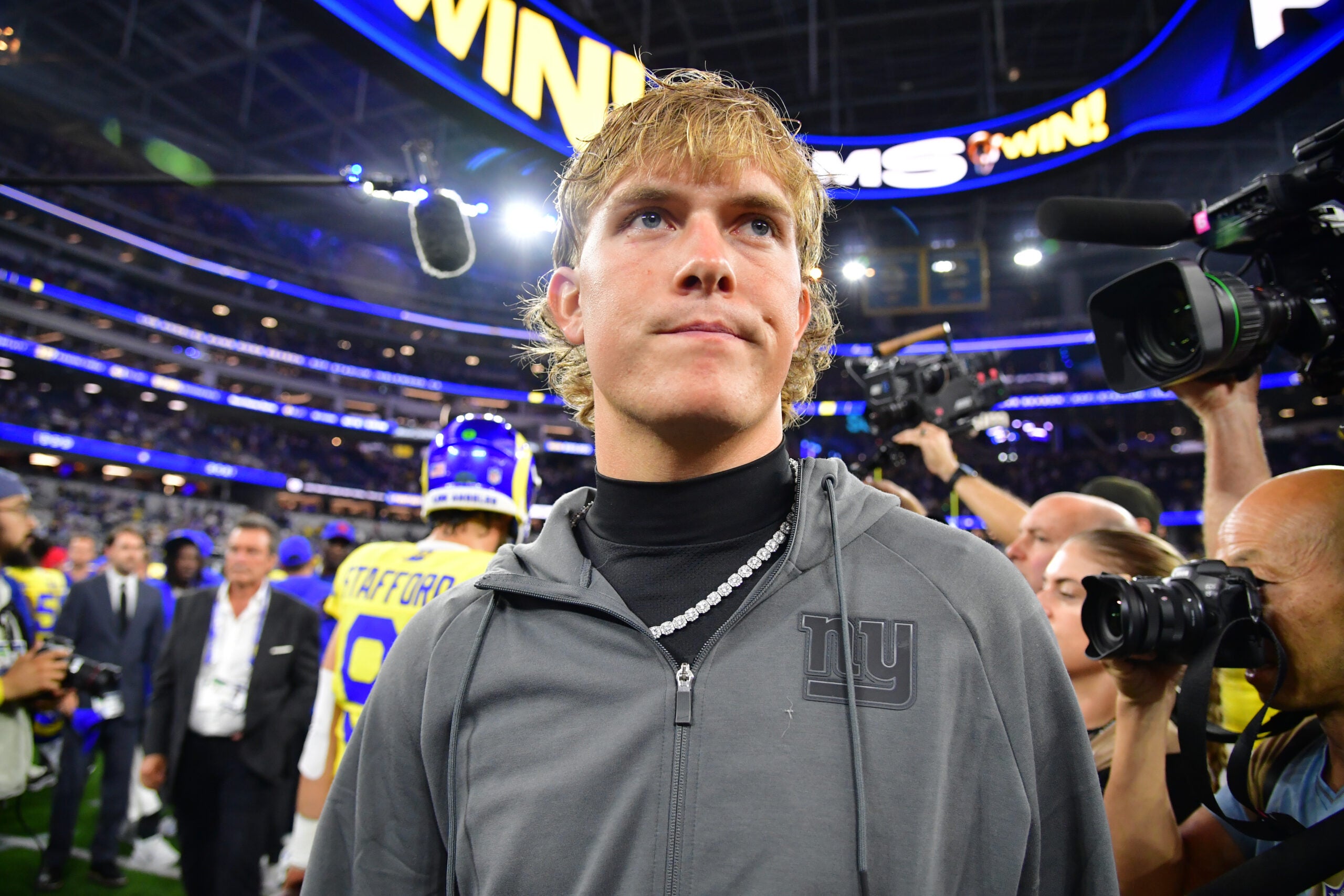 Sep 21, 2026; Inglewood, California, USA; New York Giants quarterback Jaxson Dart (6) after losing to the Los Angeles Rams at SoFi Stadium.