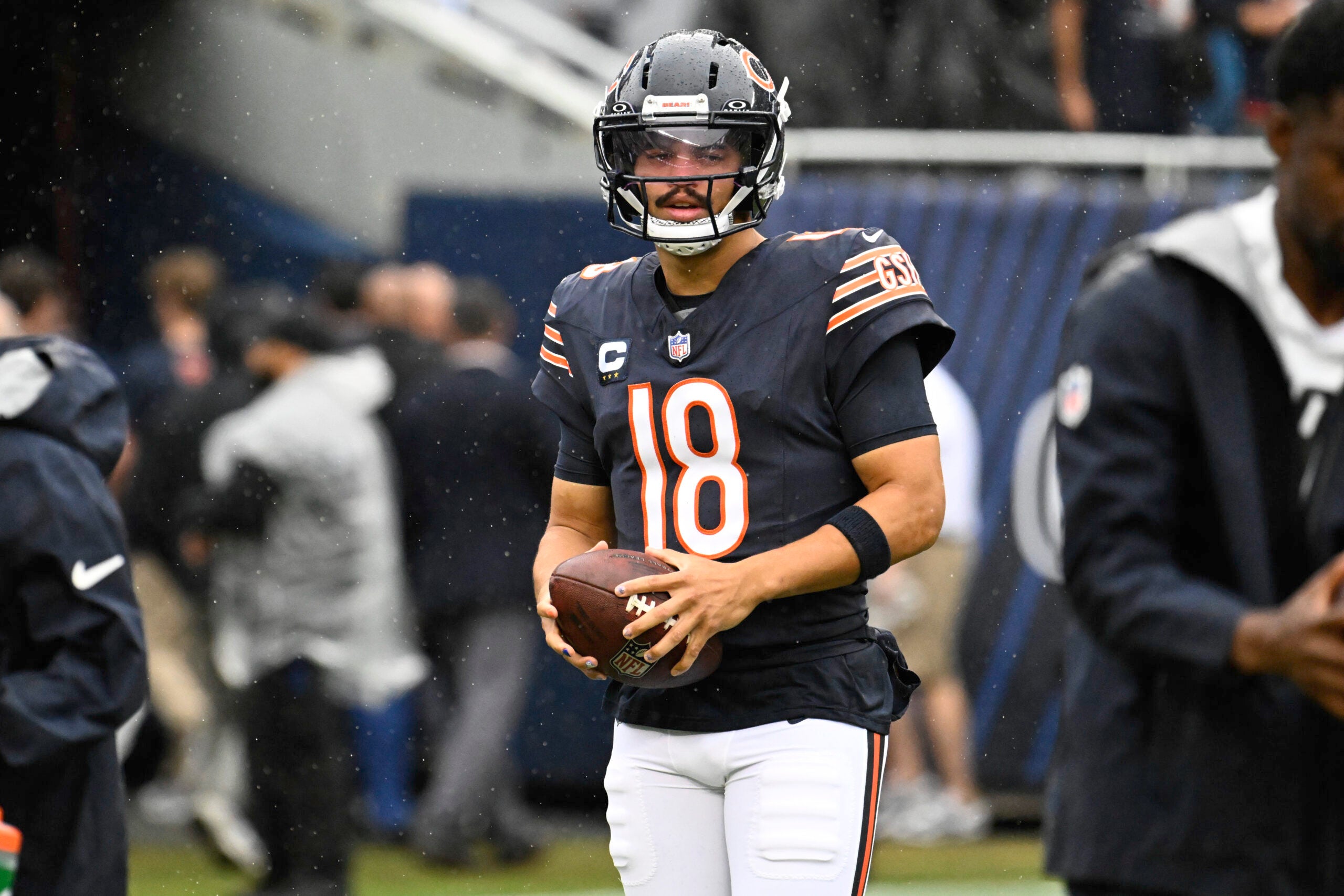 Sep 20, 2026; Chicago, Illinois, USA; Chicago Bears quarterback Caleb Williams (18) looks on during warmups before the game against the Minnesota Vikings at Soldier Field.