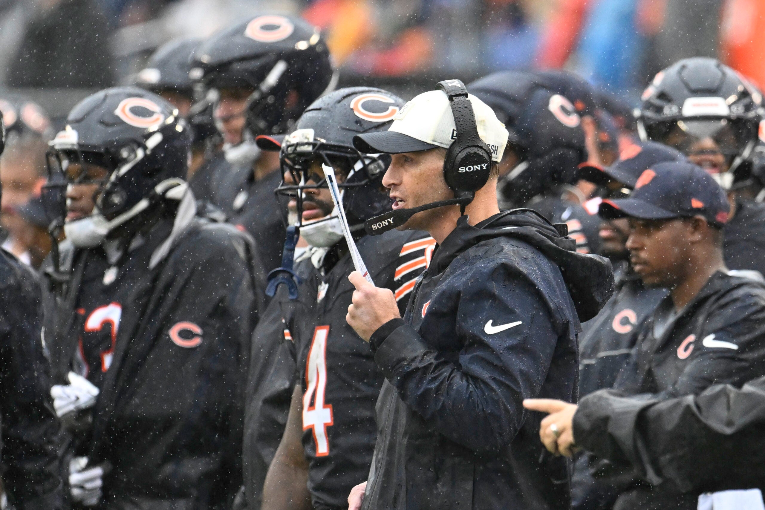 Sep 20, 2026; Chicago, Illinois, USA; Chicago Bears head coach Ben Johnson directs the team during the second half against there Minnesota Vikings at Soldier Field.