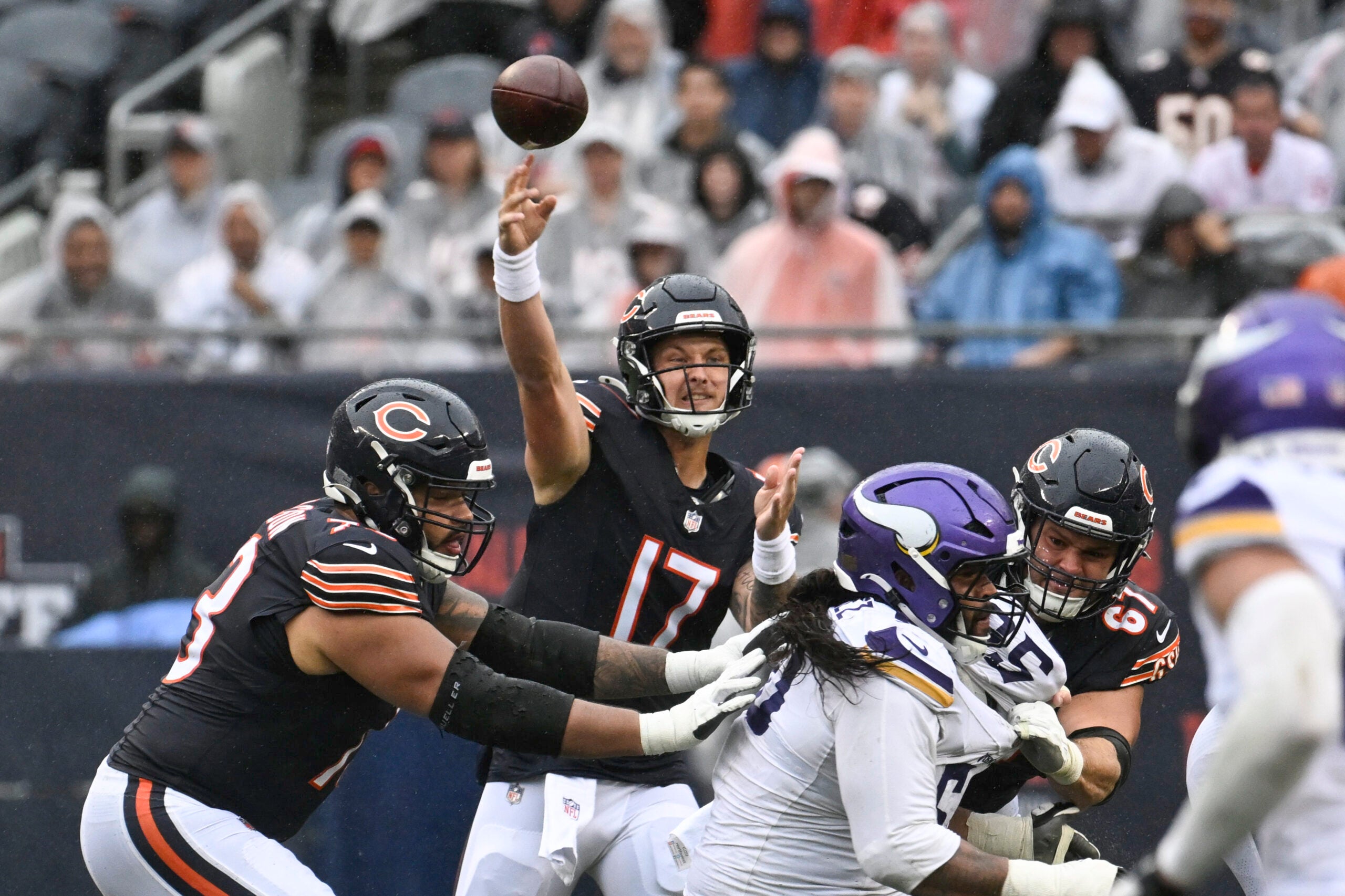 Sep 20, 2026; Chicago, Illinois, USA; Chicago Bears quarterback Tyson Bagent (17) passes the ball against the Minnesota Vikings during the second half at Soldier Field.