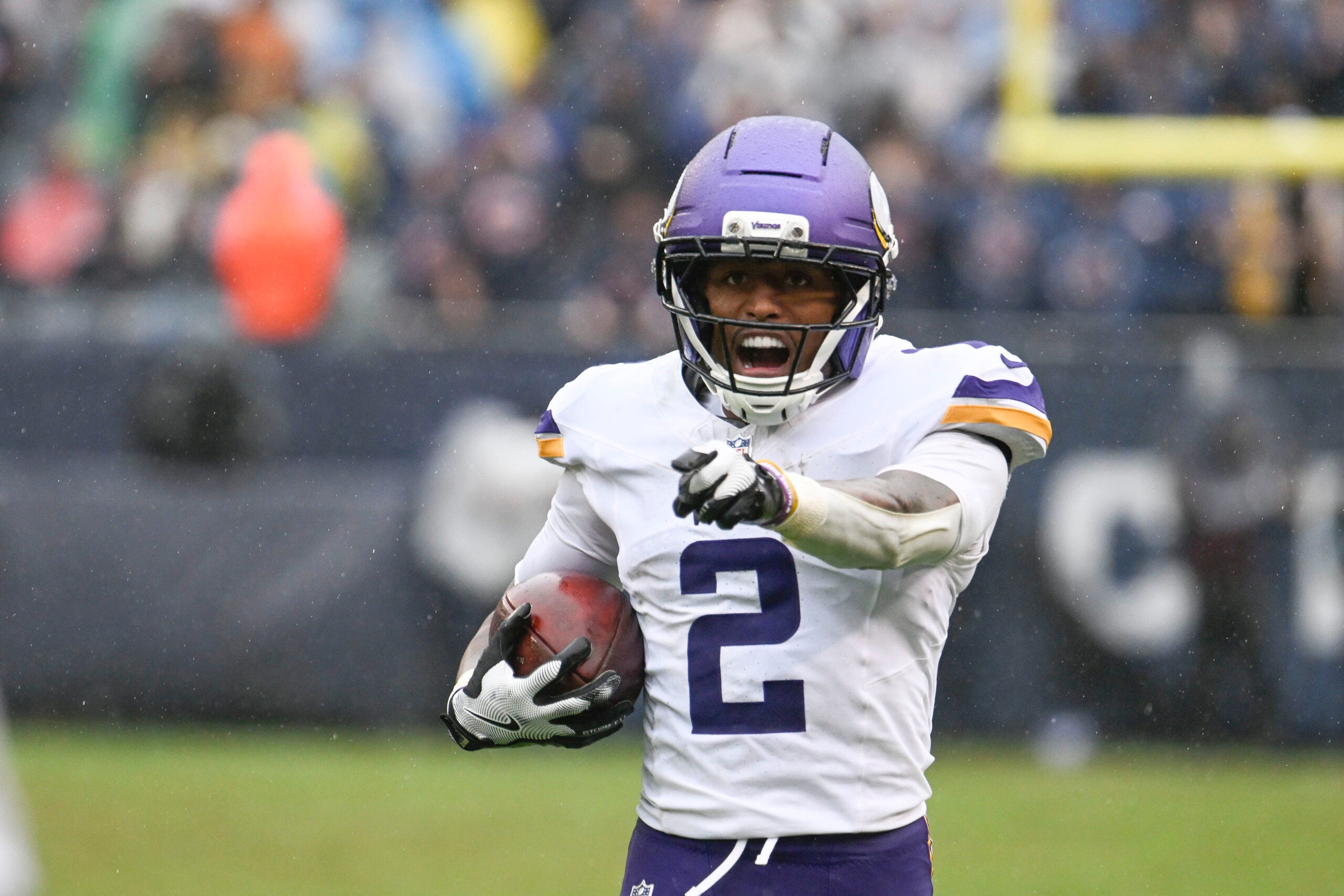 Sep 20, 2026; Chicago, Illinois, USA; Minnesota Vikings cornerback Isaiah Rodgers (2) reacts to a call during the second half against the Chicago Bears at Soldier Field.