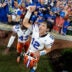Florida Gators quarterback Aaron Philo (12) celebrates with fans after the game as Auburn Tigers take on Florida Gators at Jordan-Hare Stadium in Auburn, Ala. on Saturday, Sept. 19, 2026. Florida Gators defeated Auburn Tigers 44-39.
