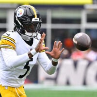 September 20, 2026; Foxborough, Massachusetts, USA; Pittsburgh Steelers cornerback Jalen Ramsey (5) warms up before a game against the New England Patriots at Gillette Stadium.