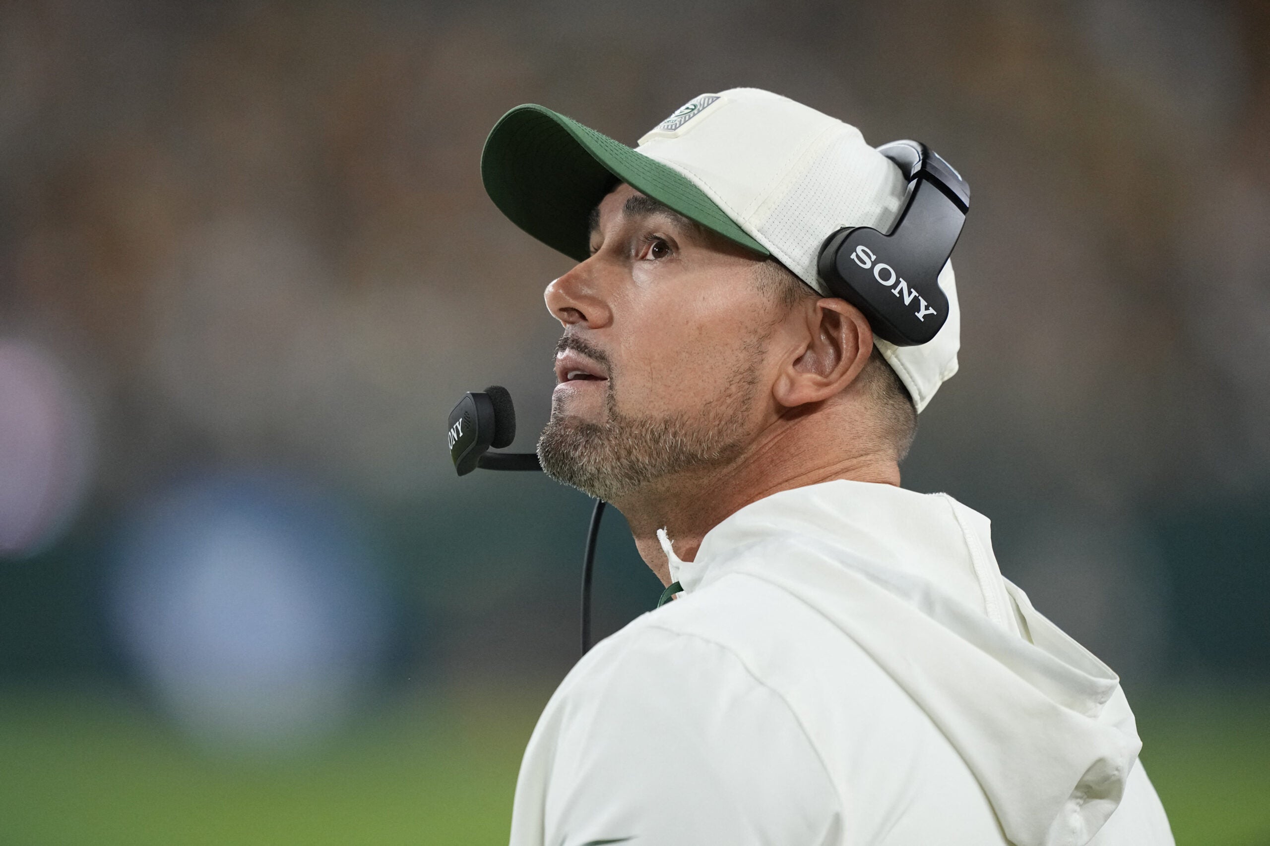 Sep 24, 2026; Green Bay, Wisconsin, USA; Green Bay Packers head coach Matt LaFleur looks on during the fourth quarter against the Atlanta Falcons at Lambeau Field.