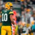 Sep 24, 2026; Green Bay, Wisconsin, USA; Green Bay Packers quarterback Jordan Love (10) looks on following a play during the fourth quarter against the Atlanta Falcons at Lambeau Field.