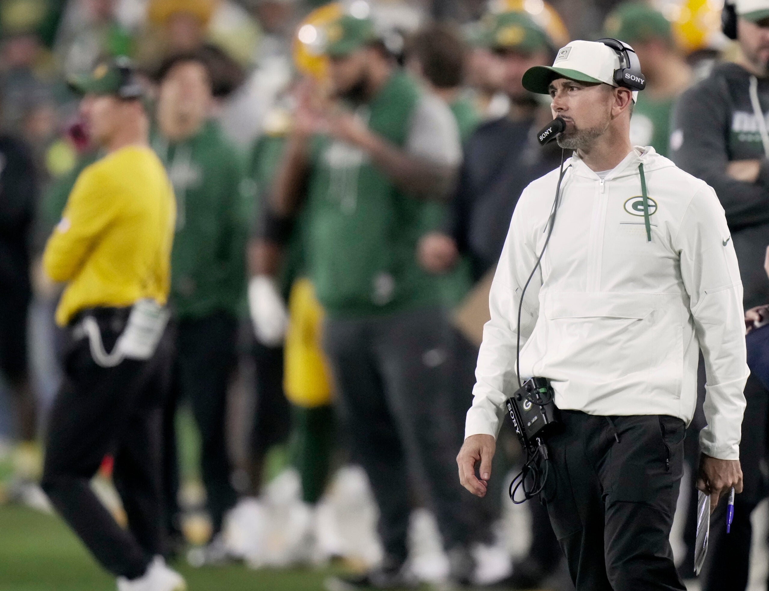 Green Bay Packers head coach Matt LaFleur is shown during the third quarter of their game against the Atlanta Falcons Thursday, Sept. 24, 2026 at Lambeau Field in Green Bay, Wisconsin.