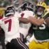 Green Bay Packers defensive tackle Chris McClellan (55) is blocked from tackling Atlanta Falcons running back Bijan Robinson (7) during the fourth quarter of their game Thursday, Sept. 24, 2026 at Lambeau Field in Green Bay, Wisconsin. The Atlanta Falcons beat there Green Bay Packers 35-14.