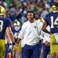 Sep 19, 2026; South Bend, Indiana, USA; Notre Dame Fighting Irish head coach Marcus Freeman celebrates a touchdown against the Michigan State Spartan during the second half at Notre Dame Stadium.