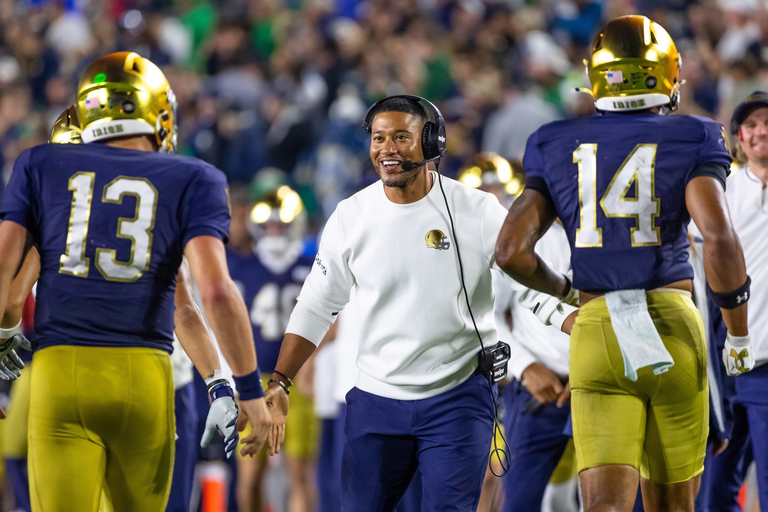 Sep 19, 2026; South Bend, Indiana, USA; Notre Dame Fighting Irish head coach Marcus Freeman celebrates a touchdown against the Michigan State Spartan during the second half at Notre Dame Stadium.