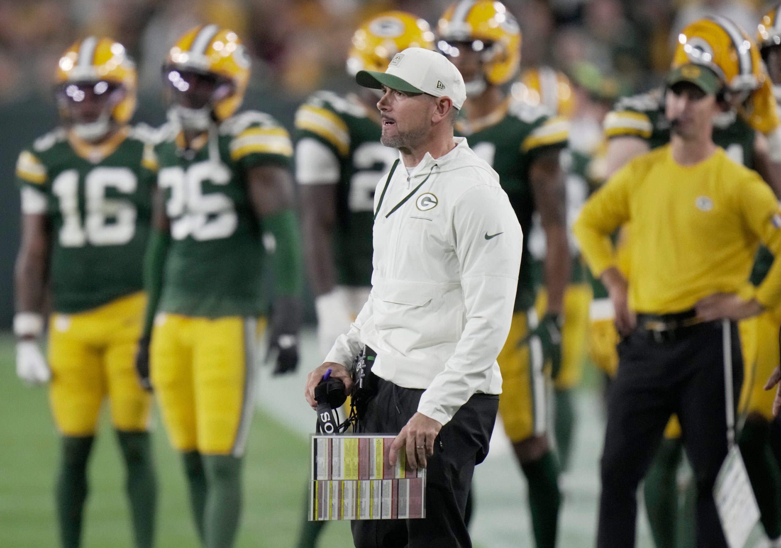 Green Bay Packers head coach Matt LaFleur is shown during the first quarter of their game against the Atlanta Falcons Thursday, Sept. 24, 2026 at Lambeau Field in Green Bay, Wisconsin.