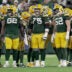 Green Bay Packers offensive tackle Anthony Belton (71), center Jacob Monk (62), guard Sean Rhyan (75), Jacob Monk (62) and guard Jordan Morgan (77) are shown during the first quarter of their game against the Atlanta Falcons Thursday, Sept. 24, 2026 at Lambeau Field in Green Bay, Wisconsin.