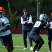 Sep 25, 2026; Rio de Janeiro, Brazil; Dallas Cowboys head coach Brian Schottenheimer watches during practice at the Clube de Regatas do Flamengo training ground.