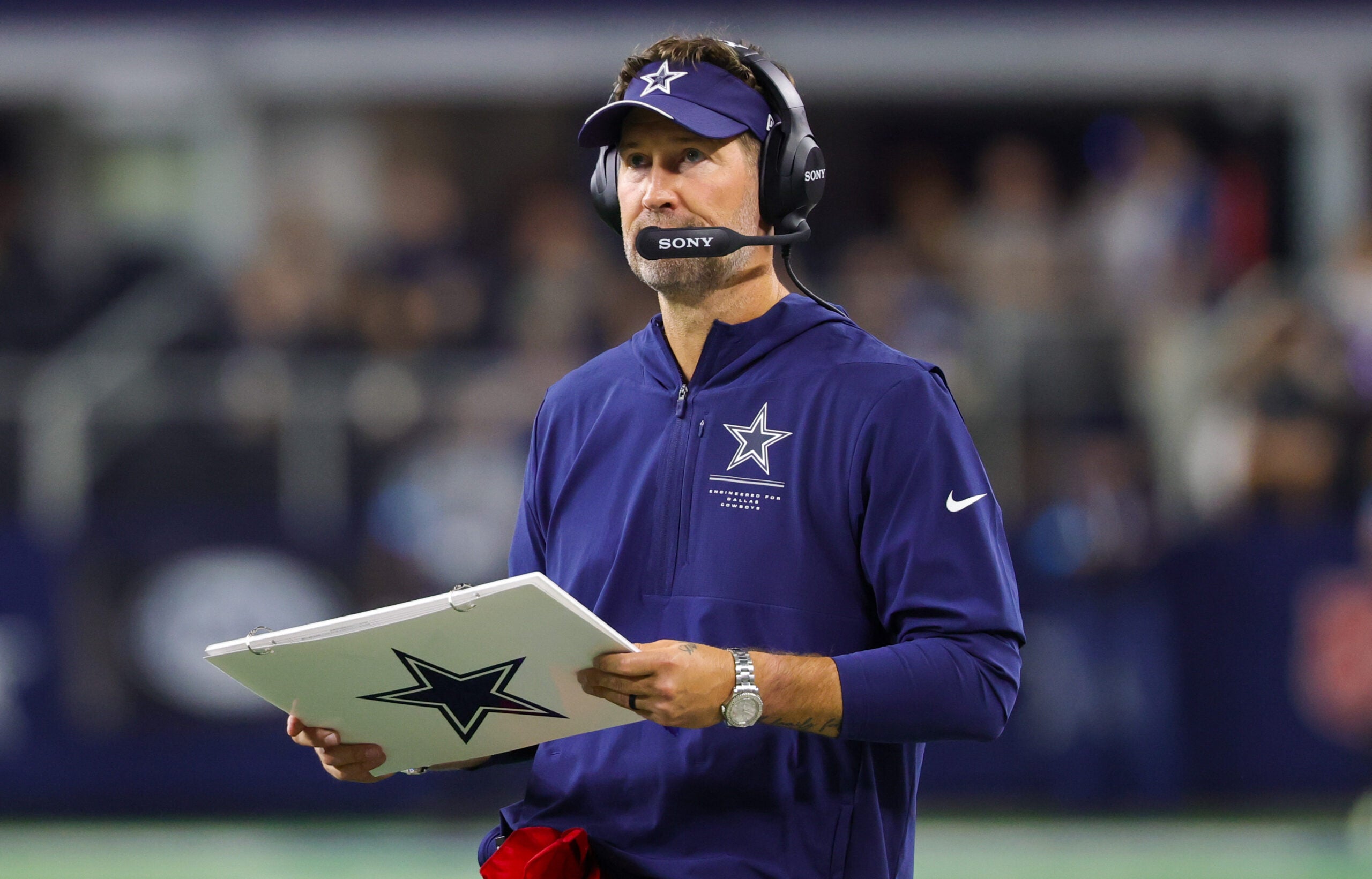 Sep 20, 2026; Arlington, Texas, USA; Dallas Cowboys head coach Brian Schottenheimer during the game against the Washington Commanders at AT&T Stadium.
